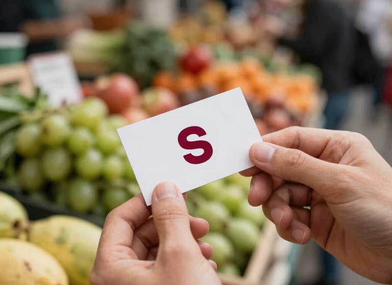 A blurred background of a busy morning market with fresh produce. In focus, a person's hands holding a modern business card with a Deep Crimson Red logo.