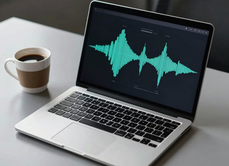 A sleek silver laptop with an audio waveform on the screen next to a coffee cup on a clean grey desk, North American creative office vibe, modern and refined.