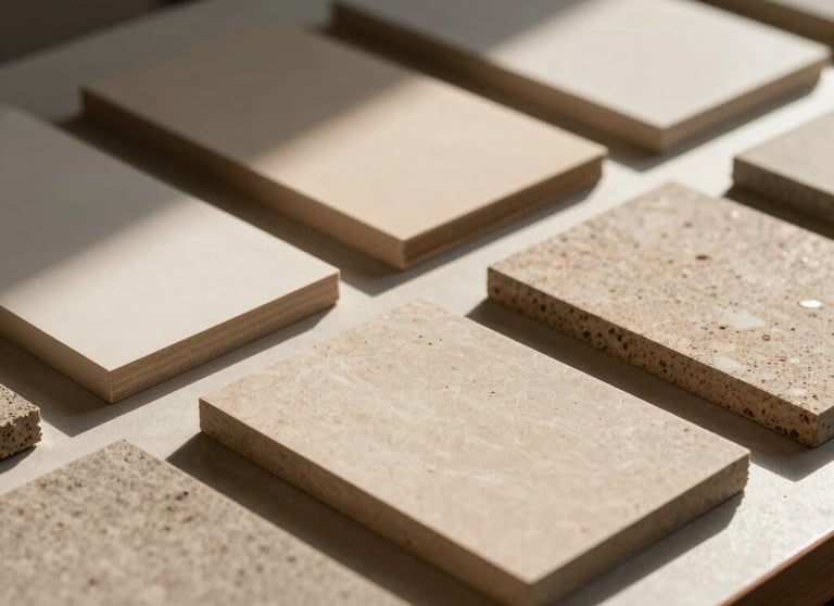 A close-up of architectural material samples laid out on a table, bathed in warm sunlight. South American &amp;#x2F; Brazilian setting.