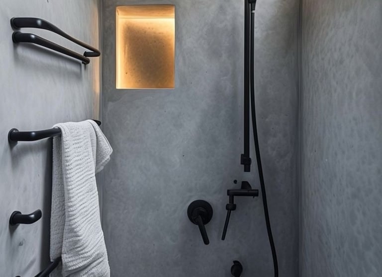 Modern walk-in concrete shower with matte black rainfall shower head and industrial hardware.