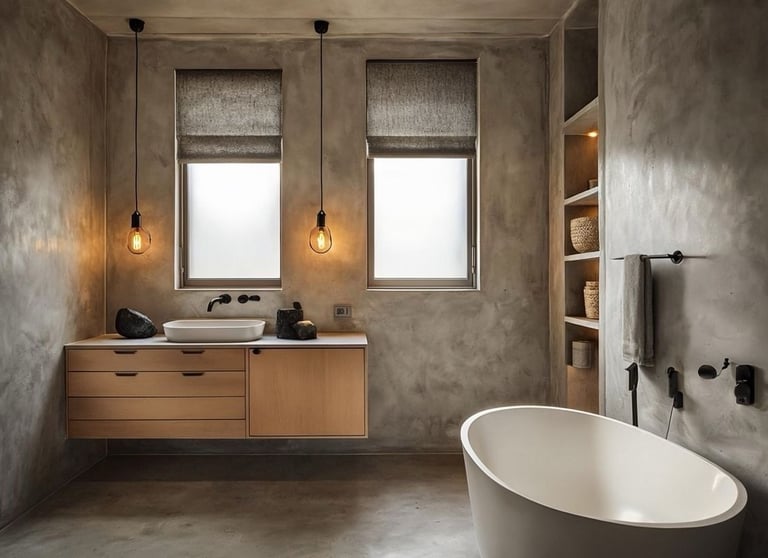 Modern minimalist bathroom featuring a concrete wall finish, oval soaking tub, and wooden floating vanity.