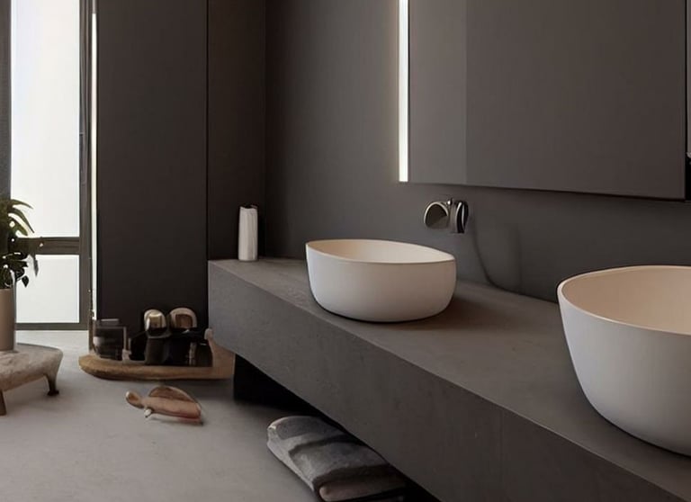 A modern, minimalist bathroom finished in grey microcement, featuring a vanity unit.