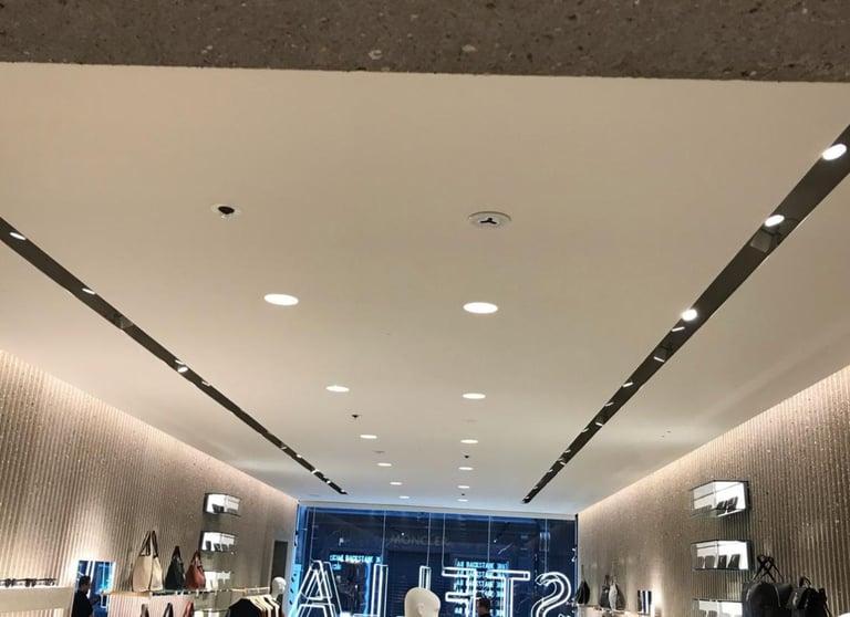 Luxury boutique interior with recessed ceiling lights and designer handbags on display shelves.