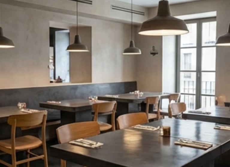 Modern, minimalist restaurant interior with microcement walls and tables, featuring industrial penda