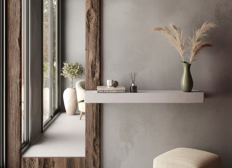 Entrance hall, featuring a minimalist and modern microcement finish with a rustic wooden mirror