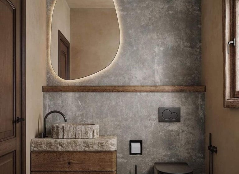 Modern rustic bathroom with an organic-shaped backlit mirror and stone vessel sink.