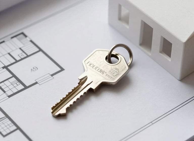 Clean photo of a property key resting on a minimalist white architectural plan, South American / Chilean context, real estate theme.