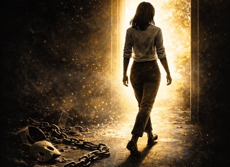 Femme marchant vers la lumière, symbolisant le passage de la posture de victime à la responsabilité 