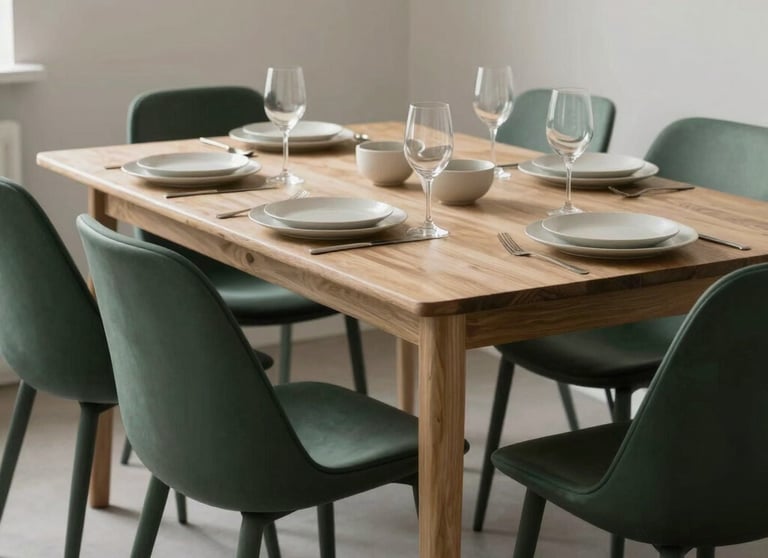 A beautifully set scandinavian dining table, dark matte forest green chairs, light neutral tableware, soft lighting.