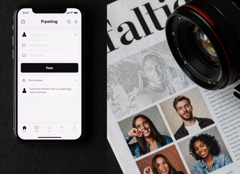 A collage of high-contrast marketing materials including a smartphone app UI, a printed magazine cover, and a creative social media post.