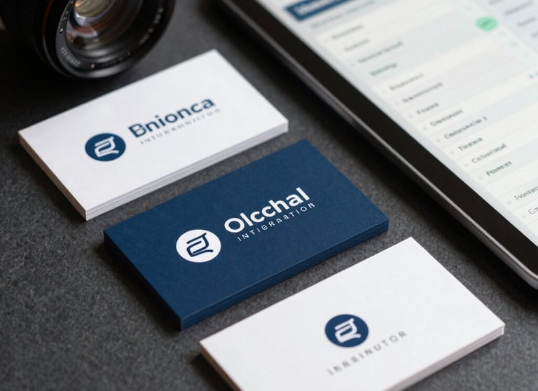 Close-up of high-end business cards and a digital tablet showing a project management dashboard. Global Professional / International.