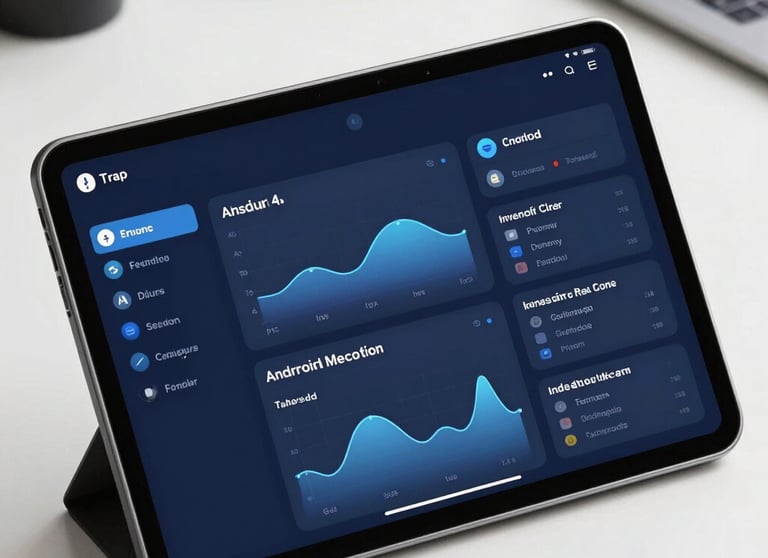 A close-up of a modern Android tablet showing a sophisticated dashboard with navy blue and muted blue colors. The setting is a bright, high-tech professional office.