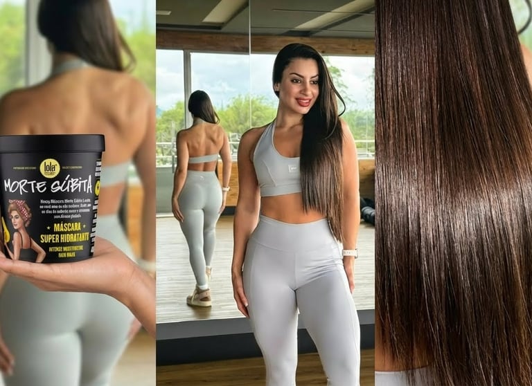 Modelo Suelen de cabelo brilhante segurando a máscara de hidratação Morte Súbita da Lola Cosmetics