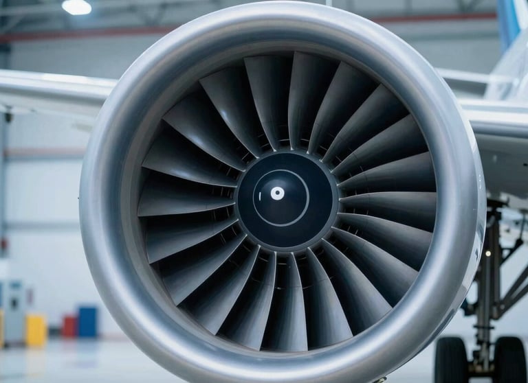A high-precision close-up of a gleaming jet engine turbine, shot in a clean, modern hangar. The lighting is crisp and technological, highlighting metallic textures with subtle reflections of #8BAAC7 light blue and #2B4A6B deep tones. Professional bokeh background.