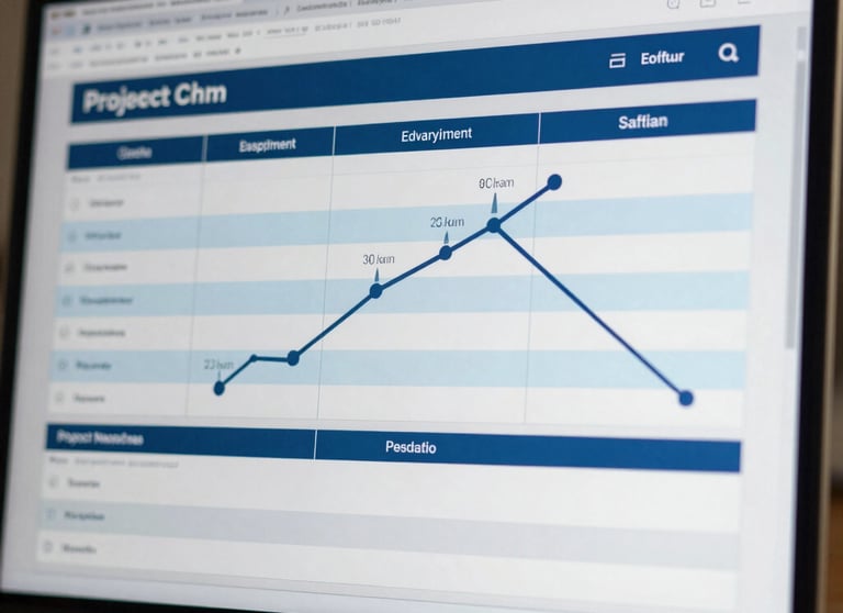 Macro shot of a high-resolution laptop screen showing a project management board with app development milestones. Oxford Blue and Silver Lake Blue palette.