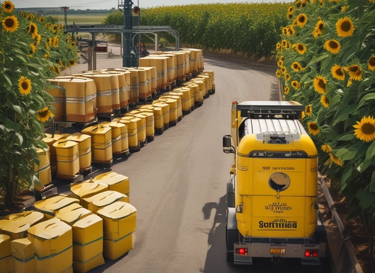 A delivery truck loaded with sunflower oil bottles.