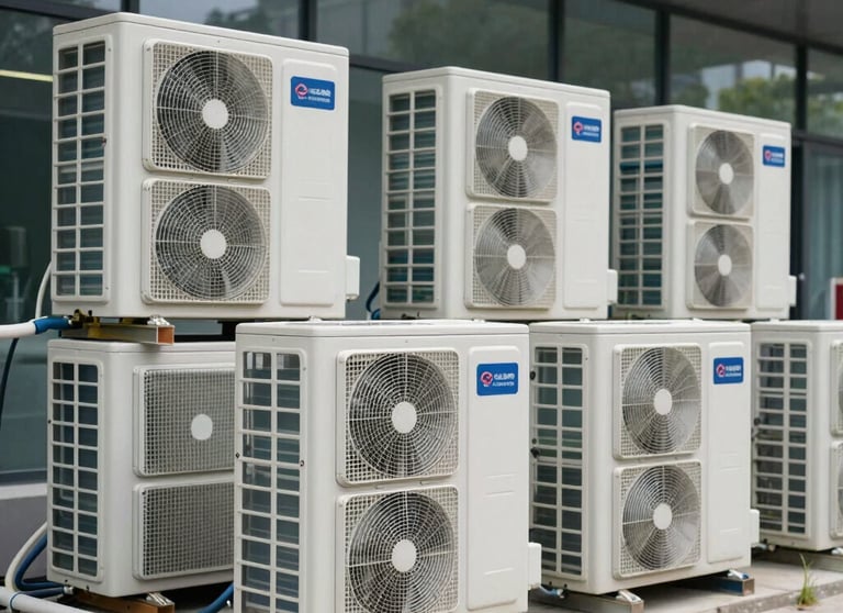 An array of brand new high-performance, energy-efficient outdoor air conditioning compressor units arranged neatly outside an office, showcasing professional installation.