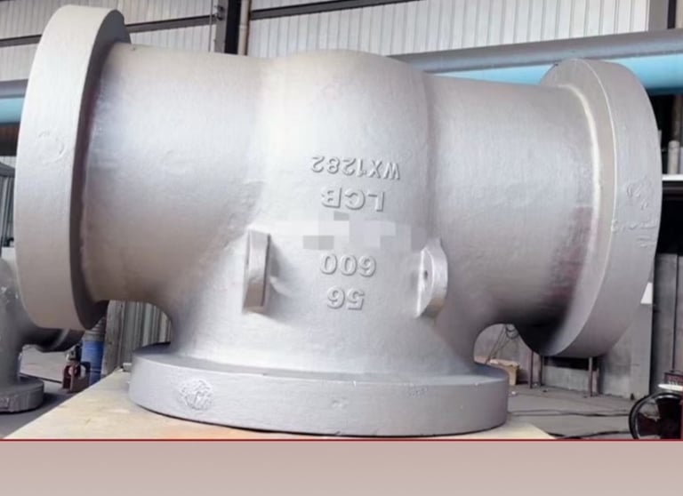 Industrial large diameter LCB 600 flanged tee valve casting for oil and gas pipeline infrastructure.