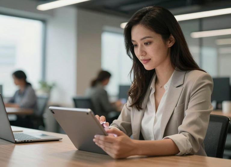 A professional woman in a modern North American office using an Android tablet to present a design concept. The atmosphere is inspiring, professional, and approachable.