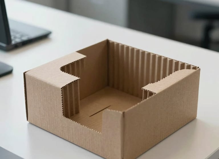 A close-up of high-quality industrial packaging prototypes, including a complex die-cut corrugated insert, shown in a clean, brightly lit European design office.
