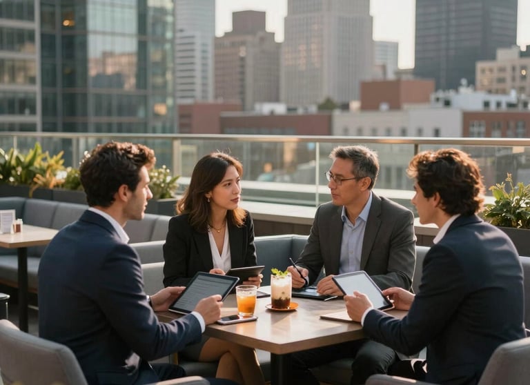 A wide shot of a modern rooftop lounge in a North American city. Professionals are engaged in intense conversation with tablets and drinks.