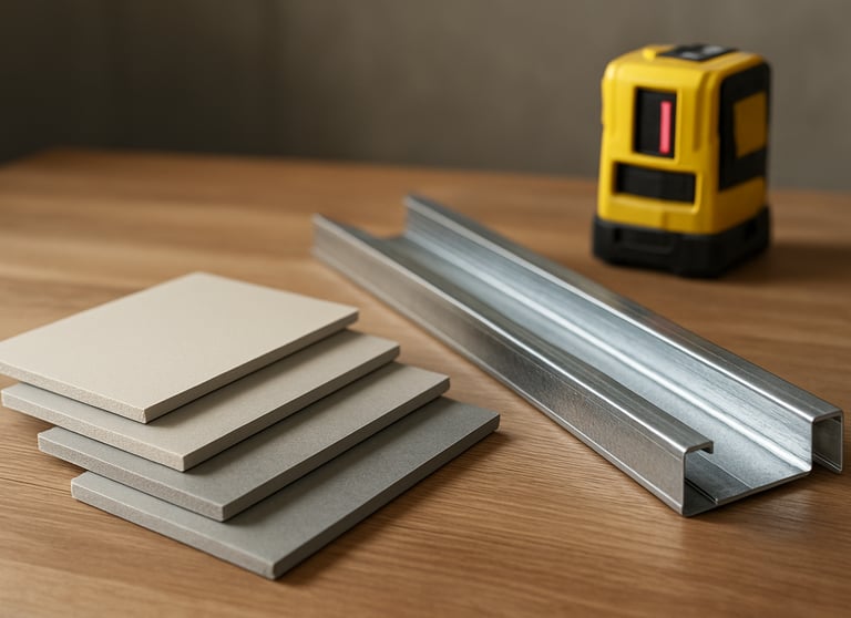Clean palette of drywall samples, steel profiles, and a laser level on a wooden table. Modern workspace of a renovation company.