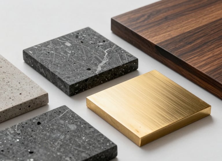 A collection of high-end construction materials: polished graphite stone, golden metal samples, and dark wood, arranged in a clean studio setting.