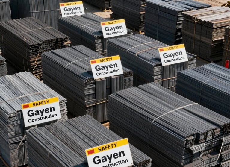 A detailed photograph of industrial material stockpiles at a North American construction site, with Gayen Construction labels visible on the safety signage.