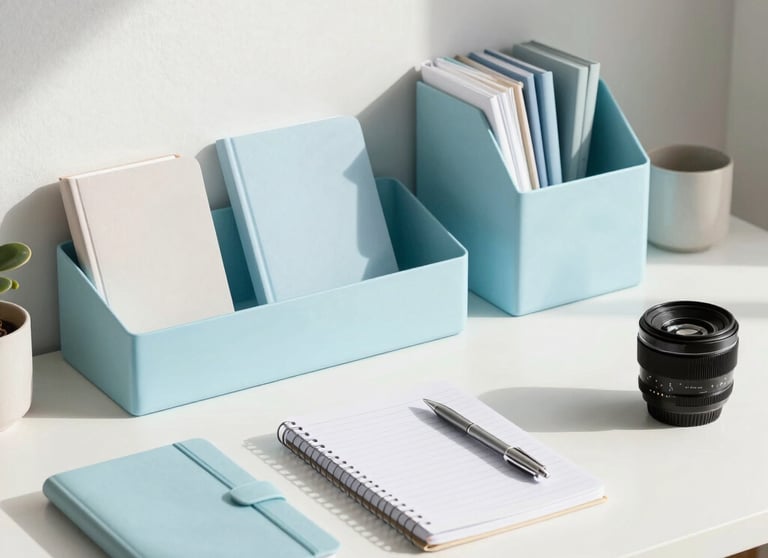 A beautiful, crisp photograph showing a modern trendy desk setup. Pastel sky blue organizers, cute designer notebooks, and aesthetic lifestyle accessories arranged with premium minimalism. Bright morning sunlight, North American trendy demographic.