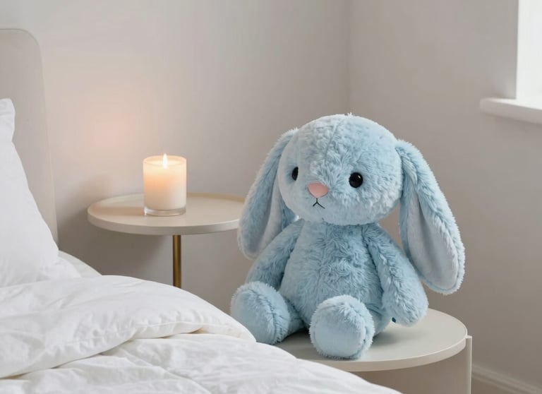 A premium lifestyle shot of a modern, aesthetic bedroom corner. A very soft, pastel sky blue cute plush toy sits on a crisp white bedsheet next to a minimalist side table with a trendy candle. Soft dreamy lighting, North American trendy demographic.