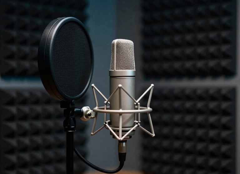 A dark, professional sound booth with acoustic treatment and a high-end microphone. South American studio setting. Cool teal lighting.