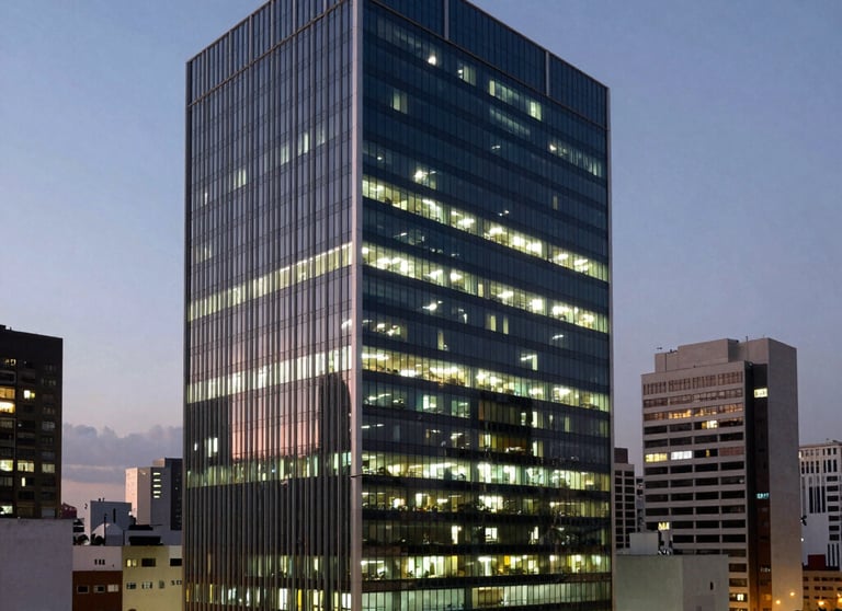 A photography of a modern Brazilian urban office building at dusk, with glowing windows. Represents the bustling environment of fintech and corporate growth.