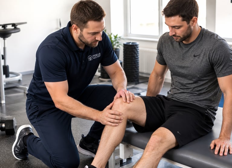 A physical therapist performing a knee examination on a male patient in a sports clinic.