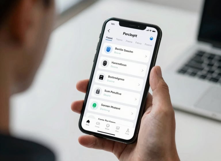 An over-the-shoulder shot of a person using a high-resolution security app on a mobile device in a modern, light-filled office. The interface is clean and professional.