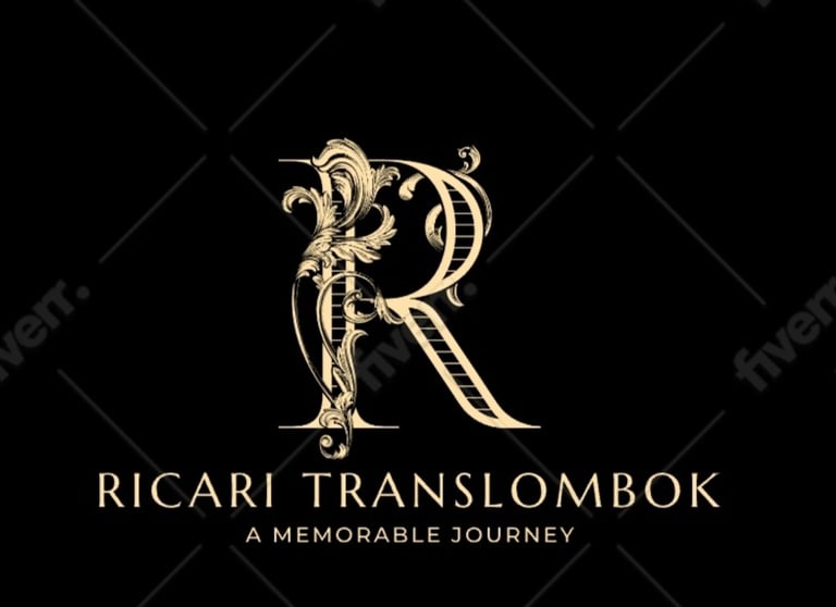 Elegant gold Ricari Translombok logo featuring an ornate serif letter R with floral scrolls on a black background.