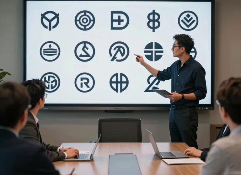 A designer presenting a series of logo variations on a large screen to a client in a modern North American boardroom.