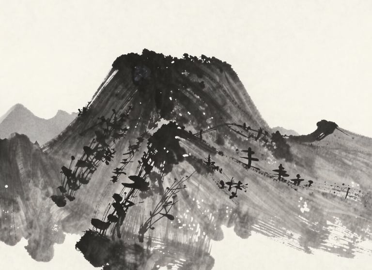 A minimalist Japanese ink painting (Sumi-e) of a mountain peak. High contrast black and white with a touch of gray. Powerful and simple.