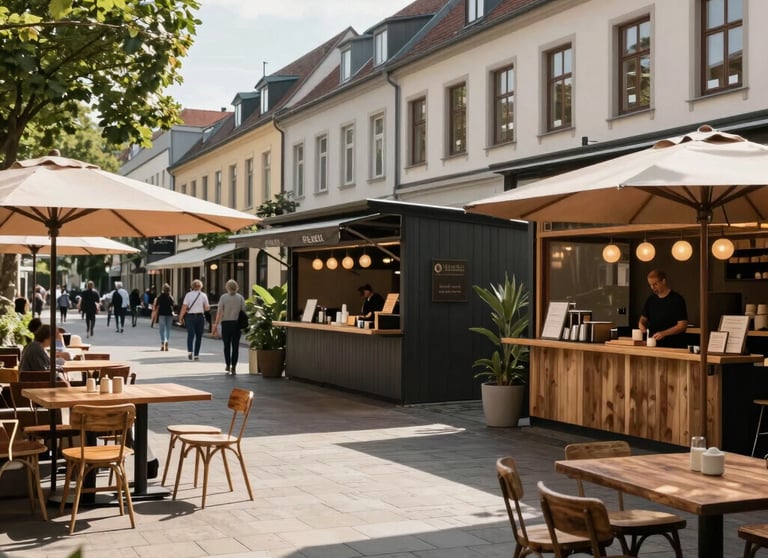 An open-air urban street food courtyard in Germany under beautiful natural morning light, clean contemporary layout with high-end rustic styling.