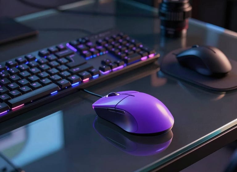 A photography of a high-tech glass-topped desk with a glowing purple mouse and keyboard. The room is dark, and the focus is on the sleek peripherals.