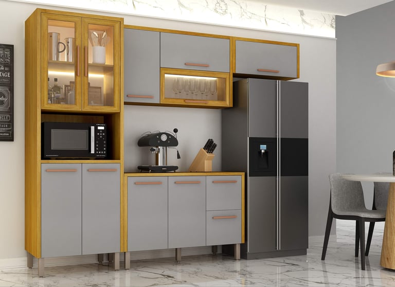 a kitchen with a refrigerator and a microwave