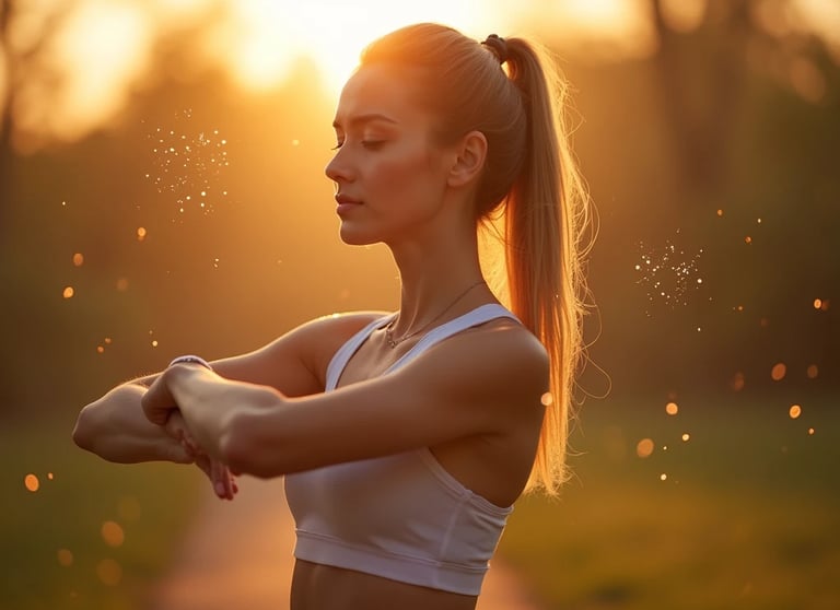 Beneficios del ejercicio para la piel: mujer haciendo estiramientos al aire libre con piel radiante.