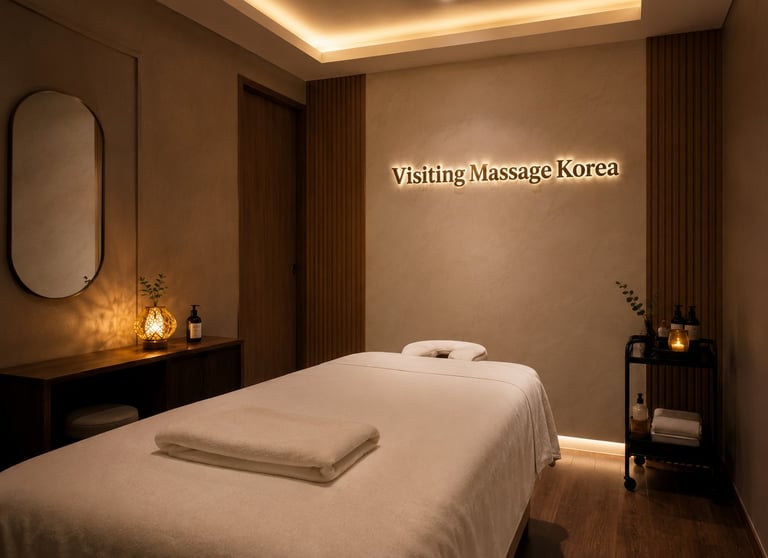 Private Visiting Massage Korea treatment room with a clean massage bed and warm lighting