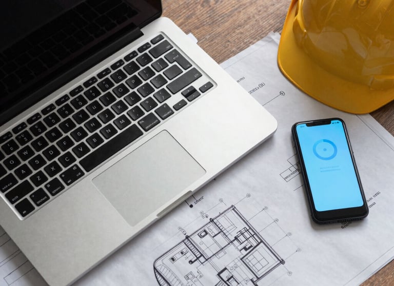 Top-down view of an engineer's desk with a high-end laptop, technical blueprints, and a smart device glowing with a sky blue interface.