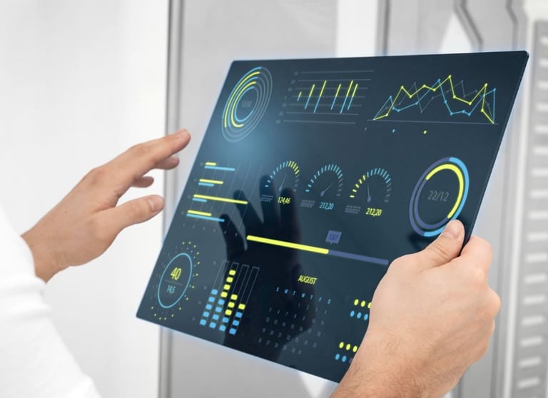 2 mains qui tiennent un ecran, tableau de données de production industrielle