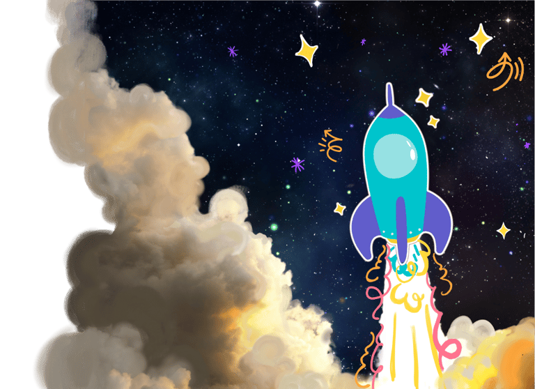 A spaceship taking off into space with doodles around it