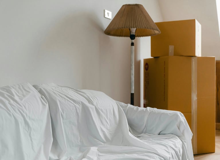 Professional move in and move out cleaning service with boxes in an empty home