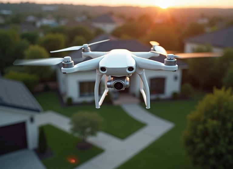 A white camera drone flying over a residential neighborhood at sunset for real estate photography.