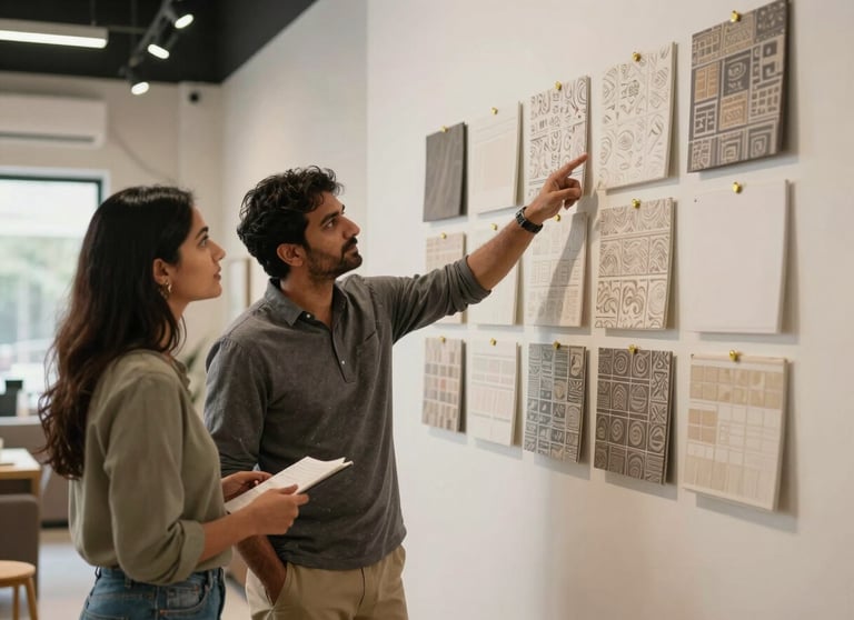 A designer and client standing in a half-finished commercial space in Gurgaon, pointing at a wall where wallpaper samples are pinned up.