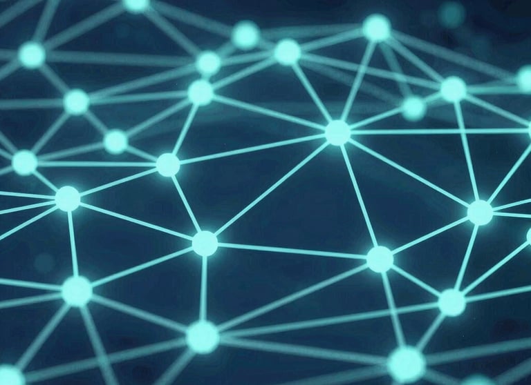Abstract technological 3D visualization of interconnected data nodes, glowing soft teal and deep navy blue, representing sophisticated network solutions.