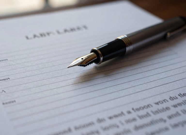 Tight macro shot of structured legal documents, a classic fountain pen resting on textured paper, soft natural side-light from a window, muted professional tones.